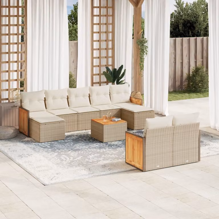 vidaXL Set Divano da Giardino 10 pz a forma di U con Cuscini Beige e Tavolino in Polyrattan e Legno di Acacia