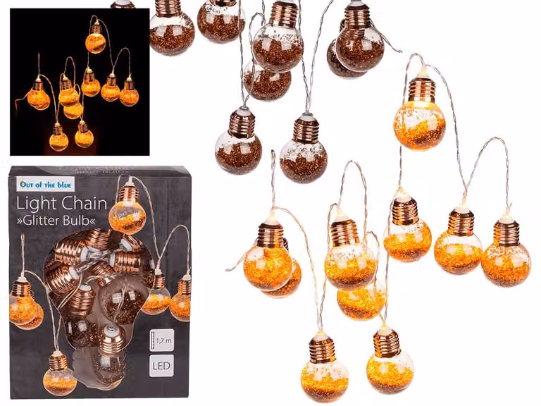 Catena luminosa con 10 LED glitterati, lunghezza 1,7 metri, alimentazione a 2 batterie AA, per uso interno