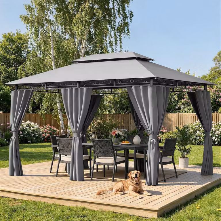 Gazebo da giardino 3x4 metri, impermeabile, stabile, con tetto a doppia falda e pareti laterali, protezione UV 50+, struttura in metallo grigio