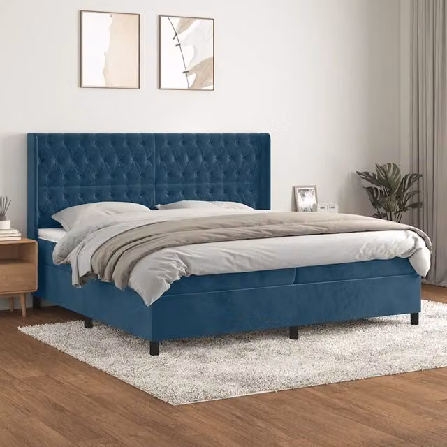 Letto matrimoniale con giroletto a molle e materasso ibrido vidaXL in velluto blu e bianco L/P/H: 200 x 200 x 128 cm – 1