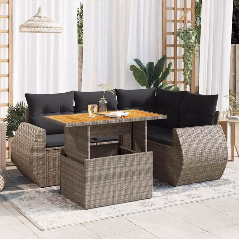 Set Divano da Giardino vidaXL 5 pz in Polyrattan Grigio con Cuscini e Tavolino da Esterno a Forma di L