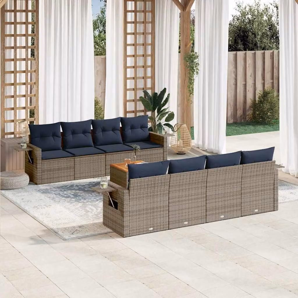Set da giardino vidaXL in polyrattan grigio composto da 9 pezzi con cuscini e tavolino da esterno a forma di U
