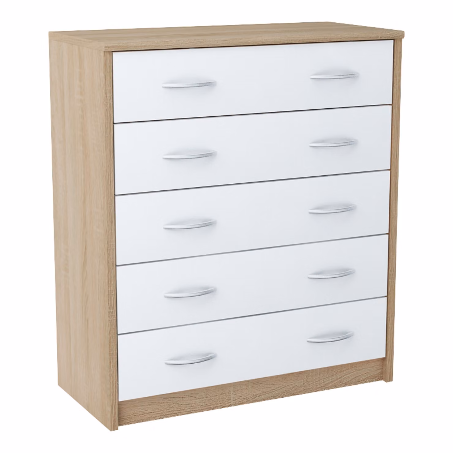 Comodino con 5 cassetti, finitura opaca, larghezza 74 cm. Mobile contenitore in legno, comodino con cassetti, mobile bar, mobile alto, credenza, colore bianco Sonoma