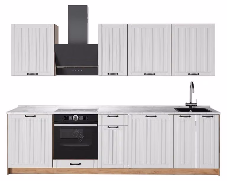 Cucina componibile Vicco Fame-Line Bianco rustico/Rovere dorato 280 cm, PL Marmo, Model 64214