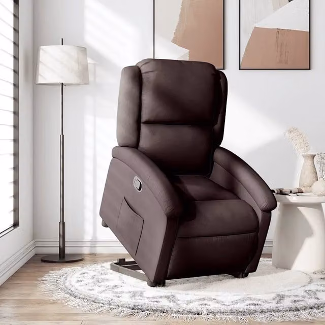 Poltrona Alzapersona Reclinabile vidaXL con Assistenza Elettrica, Rivestimento in Tessuto e Finta Pelle, Marrone, con Braccioli e Struttura in Metallo e Legno