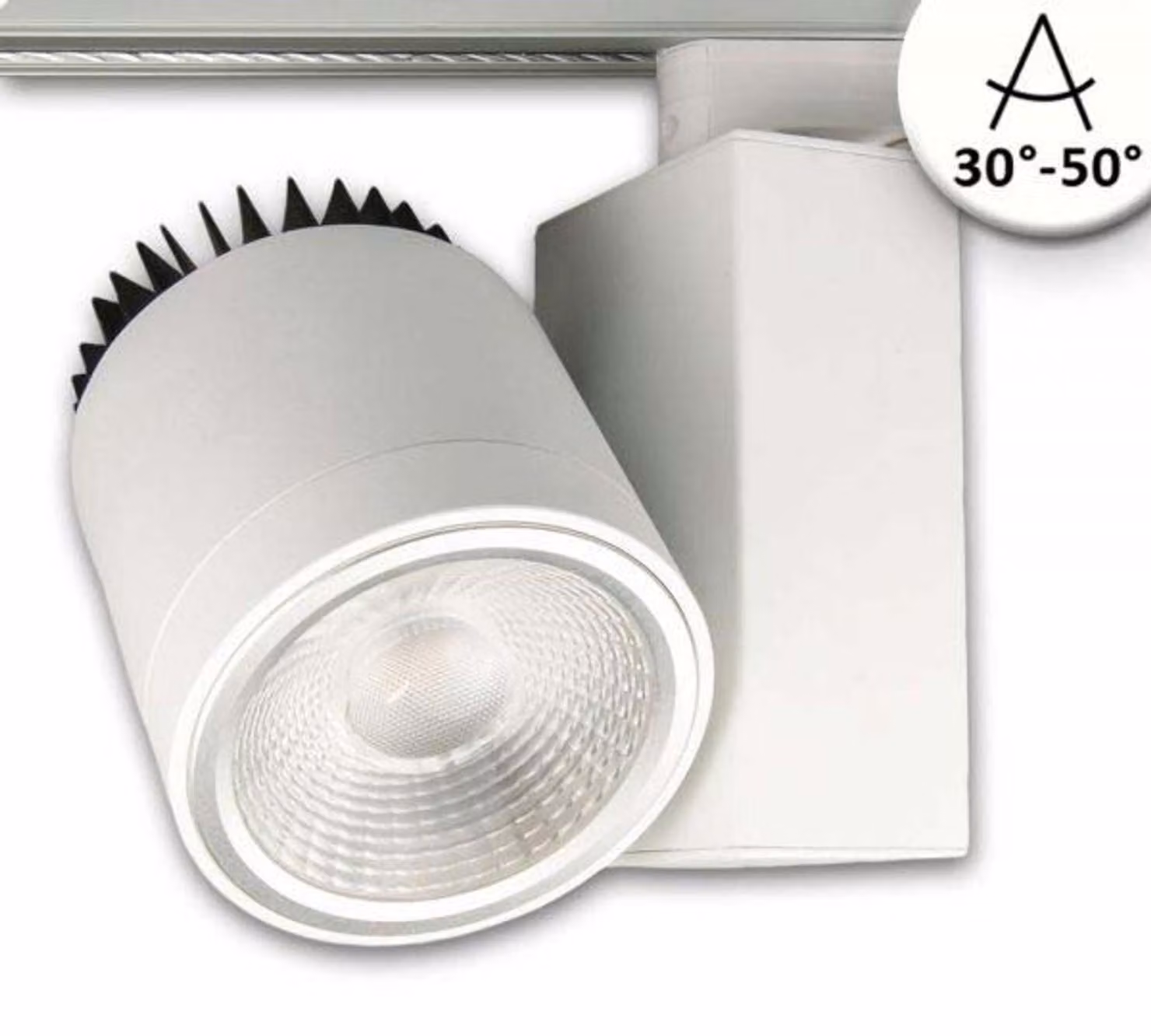 faretto a binario trifase focalizzabile, 30W, 30°-50°, bianco opaco, 4000K, dimmerabile
