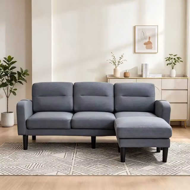 Divano angolare 3 posti con chaise longue ¨C Minimal ¨C grigio tessuto con tasca portaoggetti 204x136x80cm
