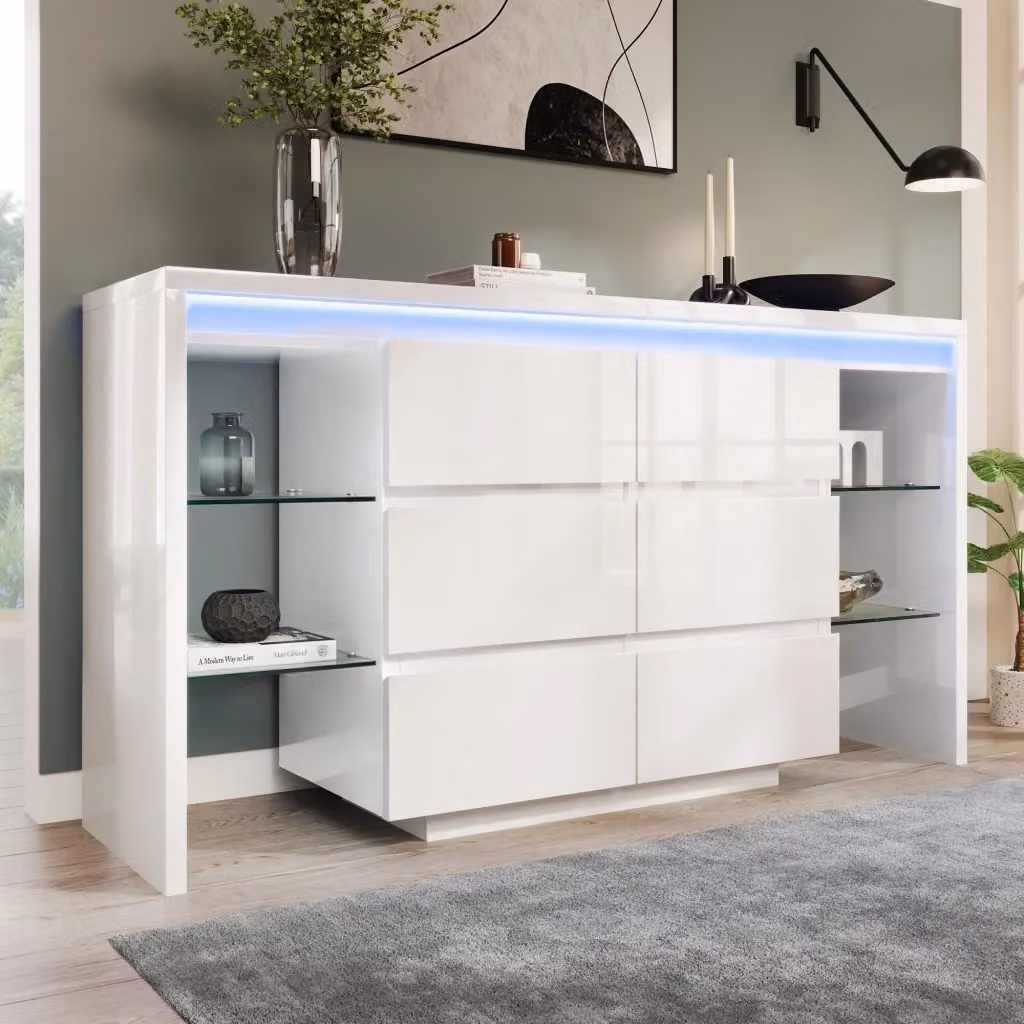 Madia moderna per soggiorno con illuminazione LED, 6 cassetti e 4 ripiani in vetro, finitura lucida bianca, L: 155 cm, P: 40 cm, H: 80 cm – 2