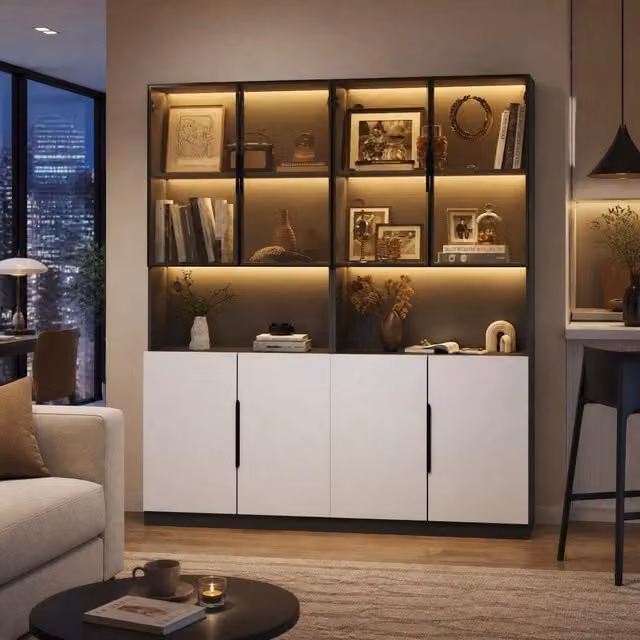 Vetrina Mivray moderna con ante in vetro e illuminazione integrata, bianco e nero, L: 160 cm, P: 30 cm, H: 200 cm – 1