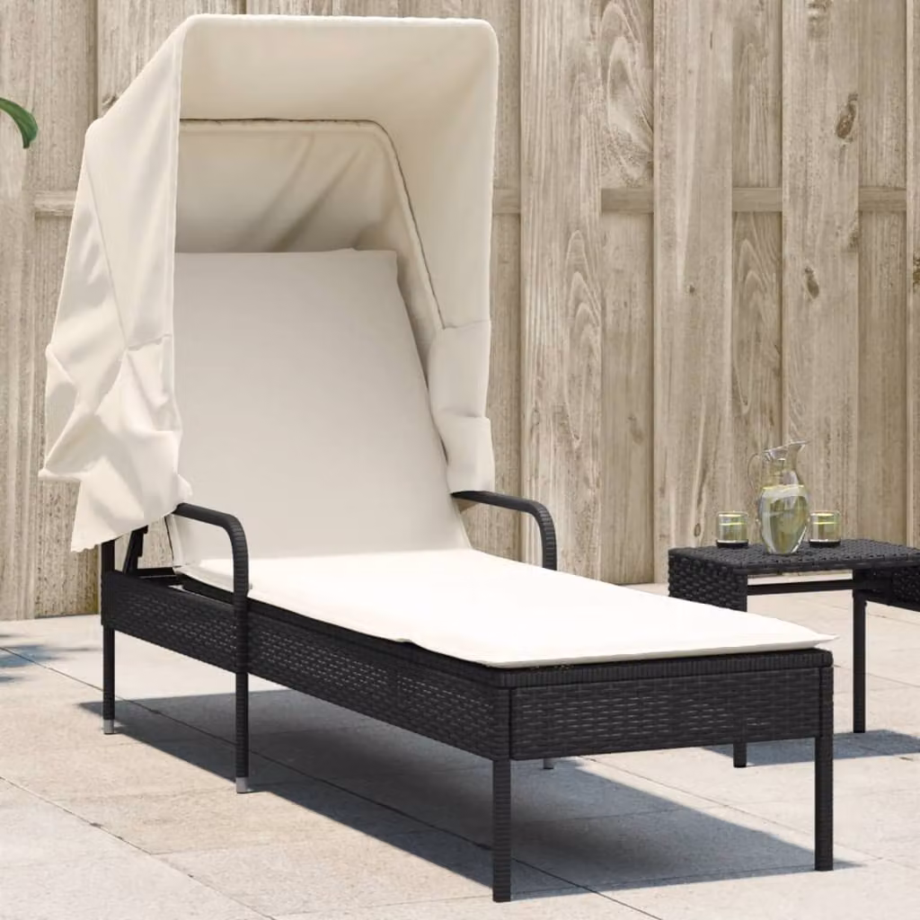 vidaXL Lettino Prendisole con Baldacchino in Polyrattan Nero e Poggiatesta Regolabile