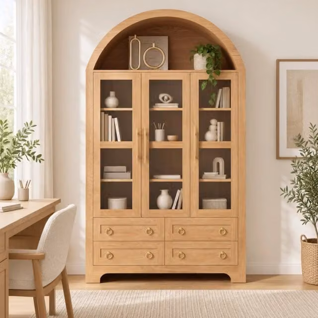 Credenza con 3 ante in vetro; 4 cassetti e vano ad arco; 110x40x185 cm; PB e MDF; naturale