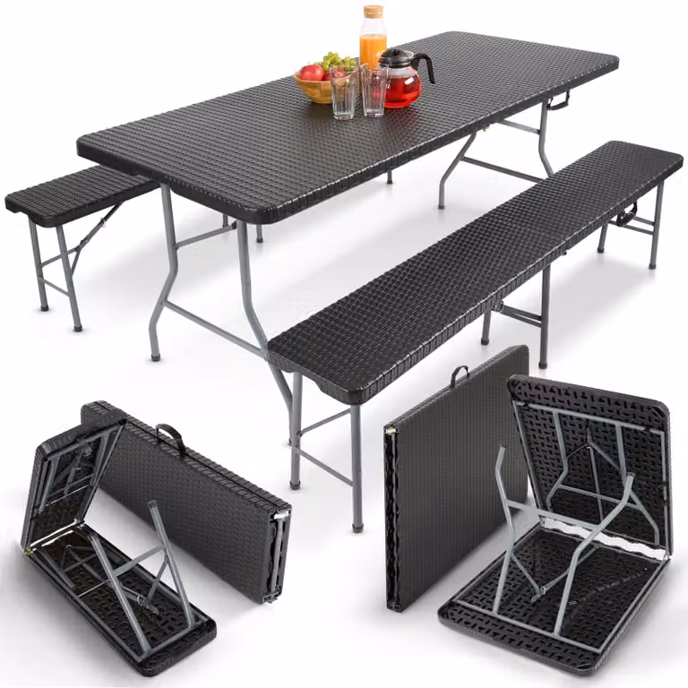 AREBOS Set tenda da birra 3 pezzi, tavolo + 2 panche, pieghevole, look rattan nero