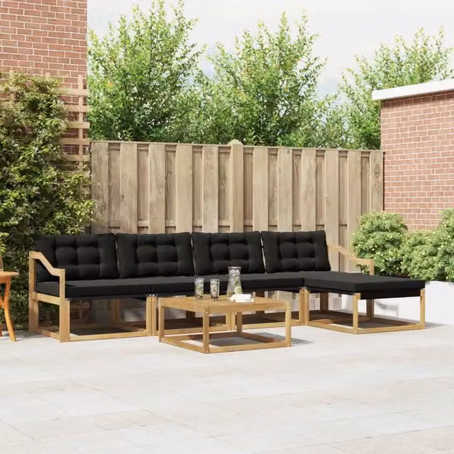 Set di divani da esterno vidaXL a forma di L con tavolino e pouf, bianco e nero, in legno di acacia e tessuto textilene – 1
