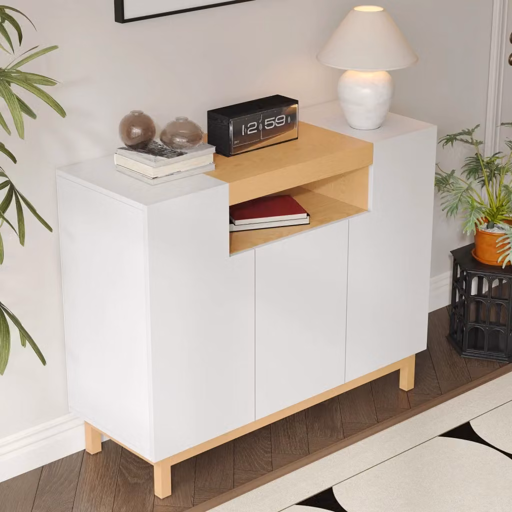 Credenza minimalista a 3 ante con nicchia aperta per soggiorno e sala da pranzo, colore bianco, L/P/H: 120.5 x 42 x 96 cm – 2