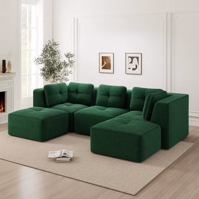 Divano angolare modulare 297.0x177.0x69.0 cm con seduta profonda in velluto a coste verde