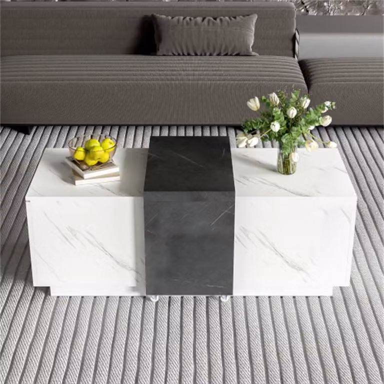 Tavolino AIORBER, design minimalista, finitura in marmo, ampio ripiano, su rotelle, per soggiorno, ufficio, 110x 50x 40 cm, bianco