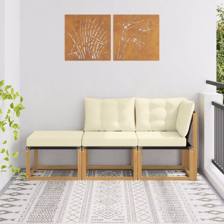 Set di divano da giardino modulare vidaXL a forma di L con pouf, colore bianco, struttura in legno di acacia e rivestimento in textilene