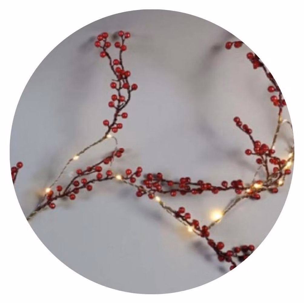 Catena luminosa a LED con bacche rosse, lunghezza 1,8 metri, alimentazione a batteria