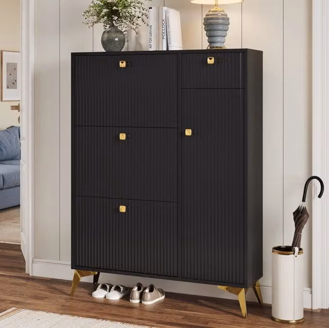Scarpiera nera 90 x 25 x 121 cm – 3 ante a ribalta, 1 cassetto e 1 anta