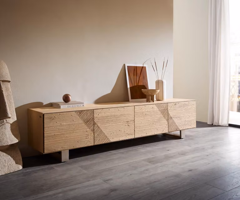 DELIFE Mobile basso Tereos 220 cm rovere naturale effetto 3D 4 ante slitta in acciaio inox spazzolato