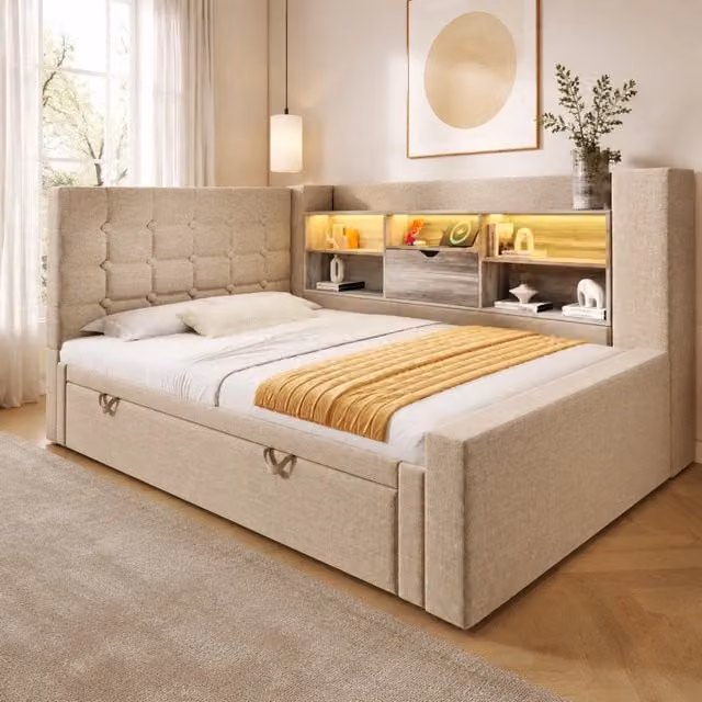 Letto imbottito 90x200 cm con letto estraibile; LED e ricarica USB/USB-C; beige