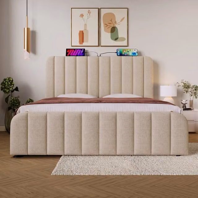 Letto matrimoniale 180x200 beige in lino con contenitore idraulico; testiera imbottita e USB-C