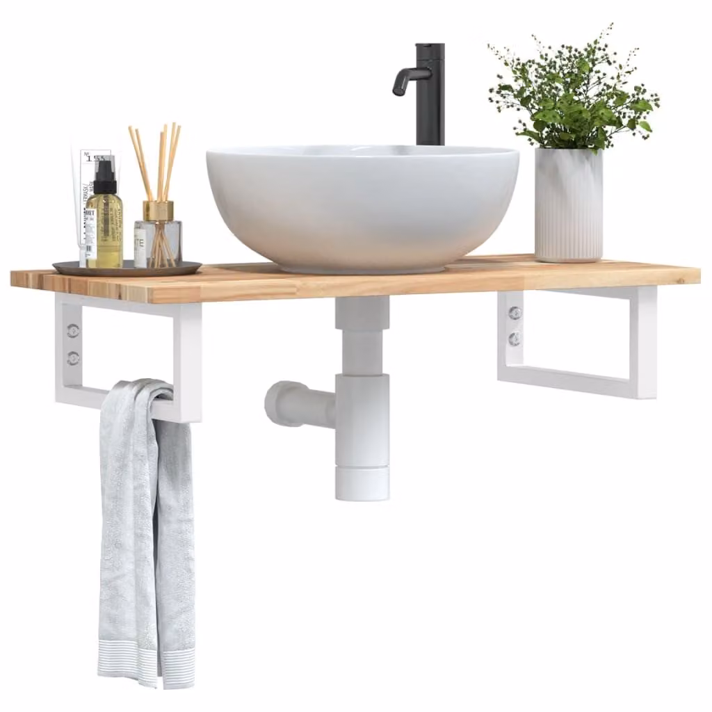 vidaXL Ripiano a Parete per Lavabo in Accacia e Acciaio, Marrone e Bianco