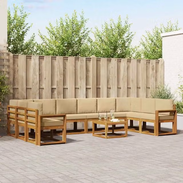 Set di divani da esterno vidaXL a forma di L composto da 11 pezzi in legno di acacia con cuscini beige e marrone – 1
