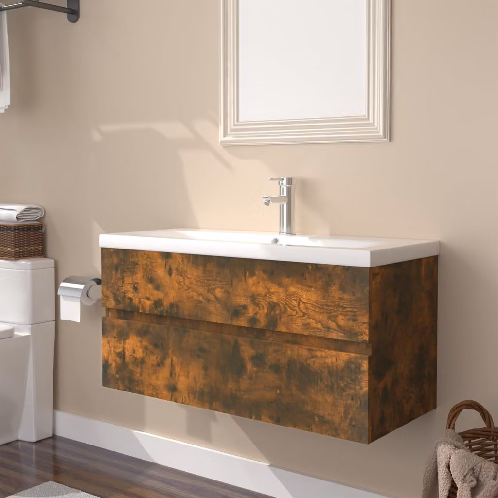 Mobiletto bagno sospeso vidaXL con lavabo integrato in rovere fumo e bianco, design moderno con cassetti e ante