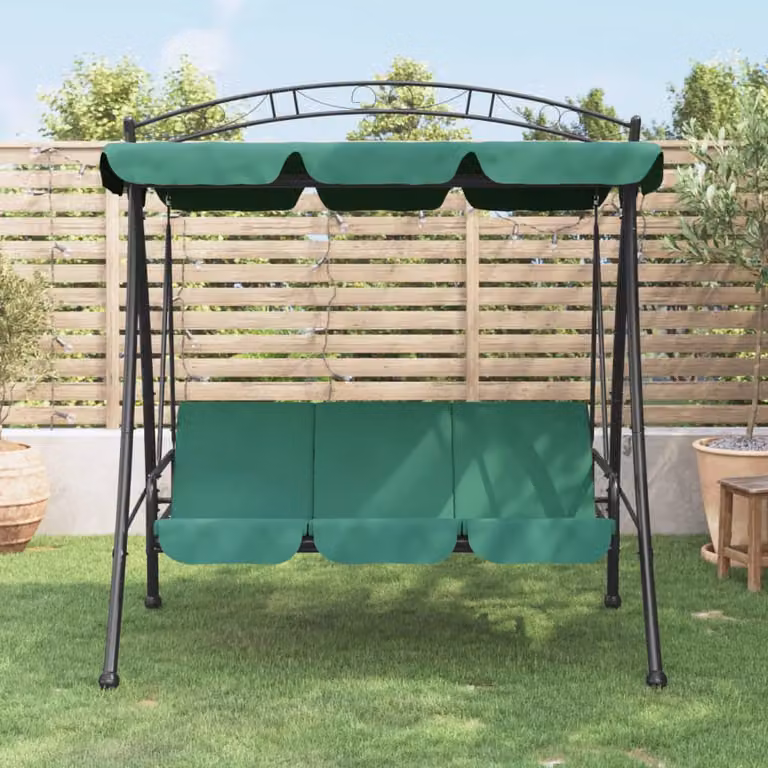 vidaXL Panca a Dondolo con Baldacchino Verde in Acciaio e Tessuto, Convertibile in Letto con Cuscini Inclusi
