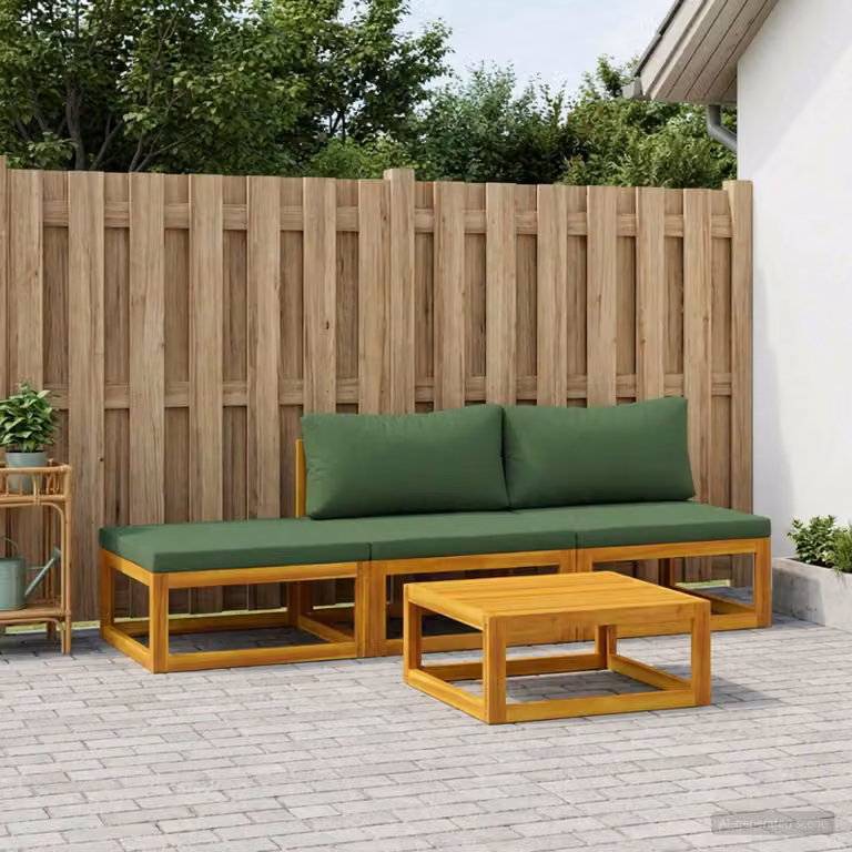 Set di mobili da giardino vidaXL in legno di acacia massello con divano a 3 posti, tavolino, pouf e cuscini colorati