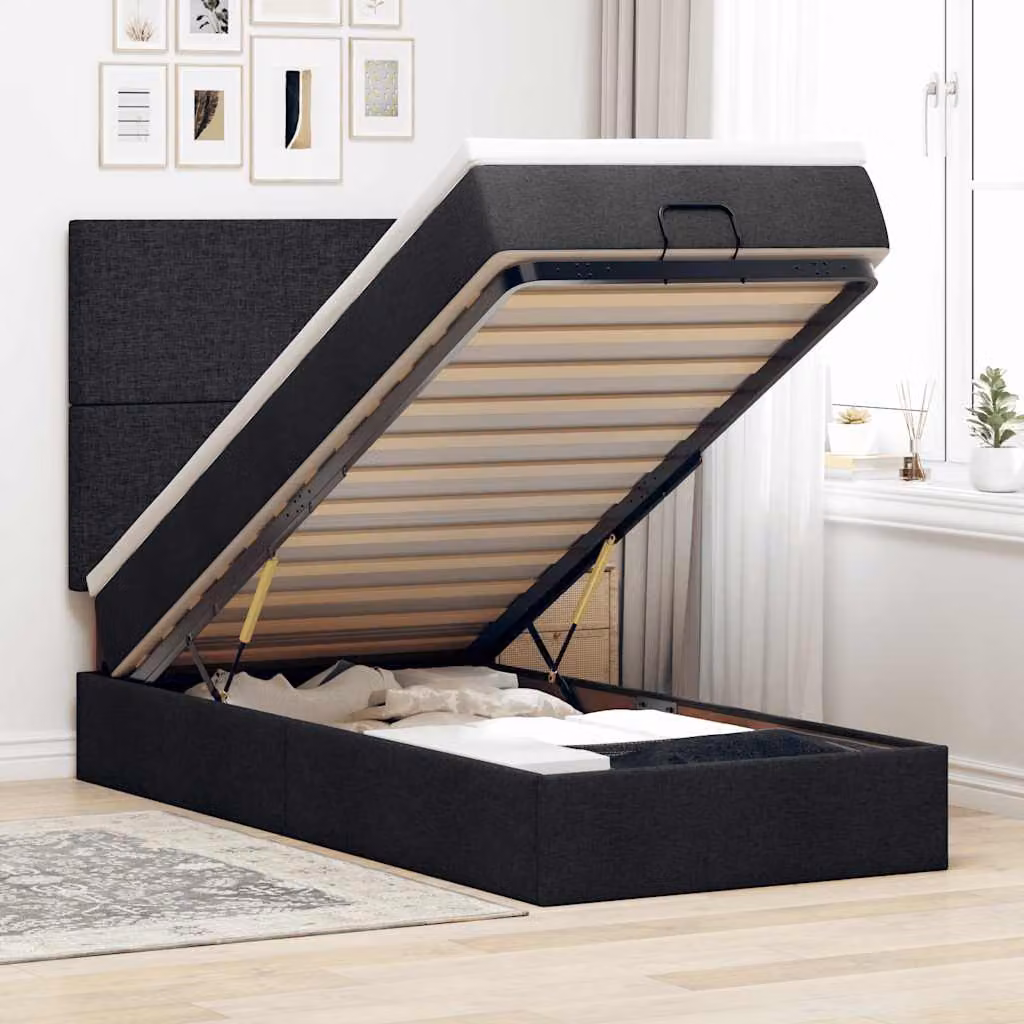 vidaXL Struttura Letto con Materasso e Contenitore a Sollevamento, Tessuto Nero e Bianco, L/P: 90 x 190 cm