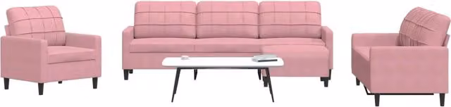 Set di divani moderno vidaXL in velluto rosa composto da divano a 3 posti, divano a 2 posti e pouf con cuscini inclusi
