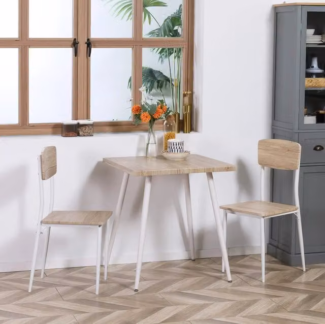 Set tavolo da pranzo ULEVR 3 pezzi con tavolo 70x70 cm e 2 sedie, MDF e struttura in acciaio, naturale e bianco