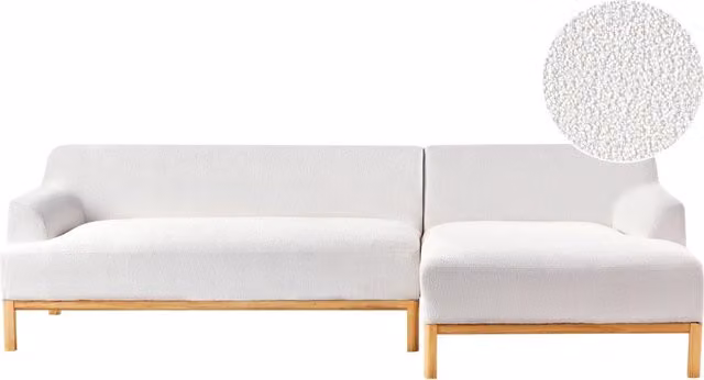 Divano angolare 3 posti BELIANI in tessuto bouclé bianco, lato sinistro, con struttura in legno massello e gambe in rubberwood, ideale per il tuo soggiorno