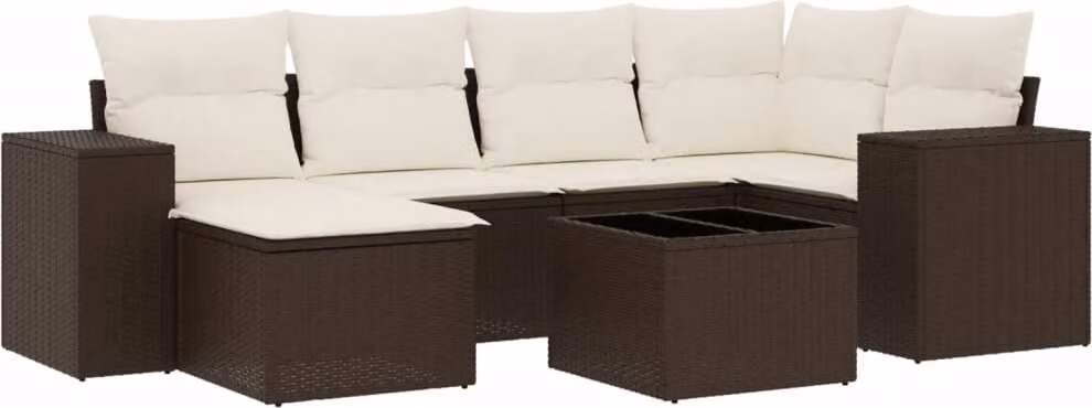 Set Divani da Giardino 7 pz con Cuscini Marrone in Polyrattan