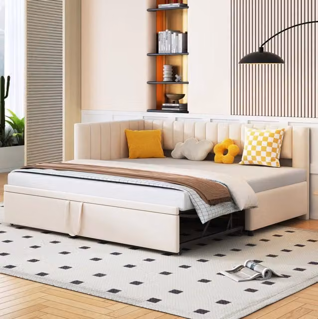 Divano letto L con letto estraibile 90x200 cm in velluto beige