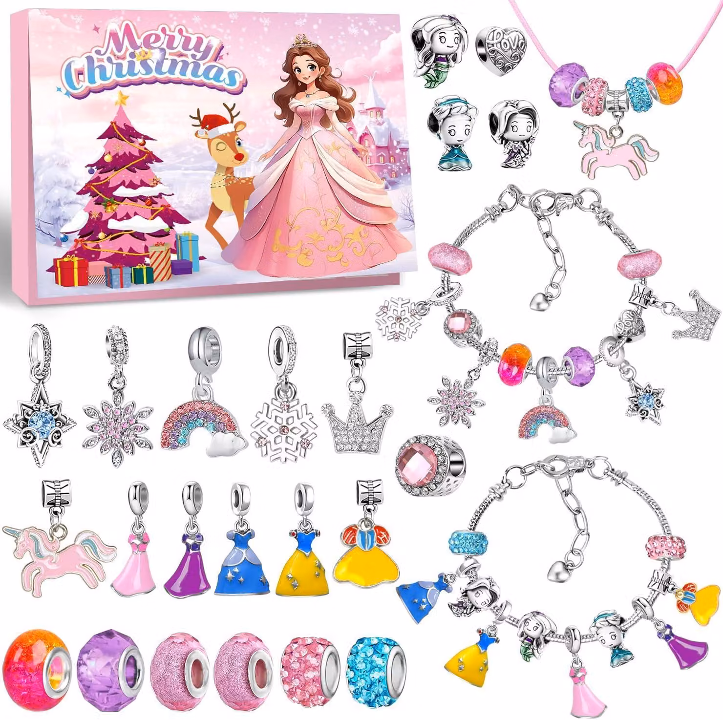 Braccialetto dell'avvento a tema principessa, calendario dell'avvento 2025, charms da realizzare a tema unicorno, regali a sorpresa per Natale