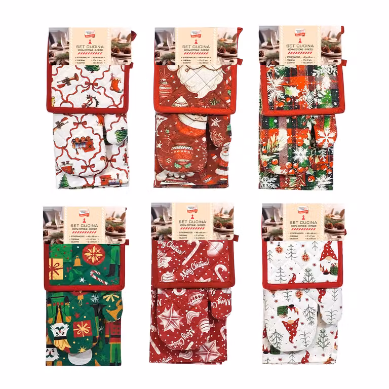 Set Cucina Natalizio Vestiamo Casa in Cotone Rosso 3 Pezzi con Guanto, Presina e Strofinaccio