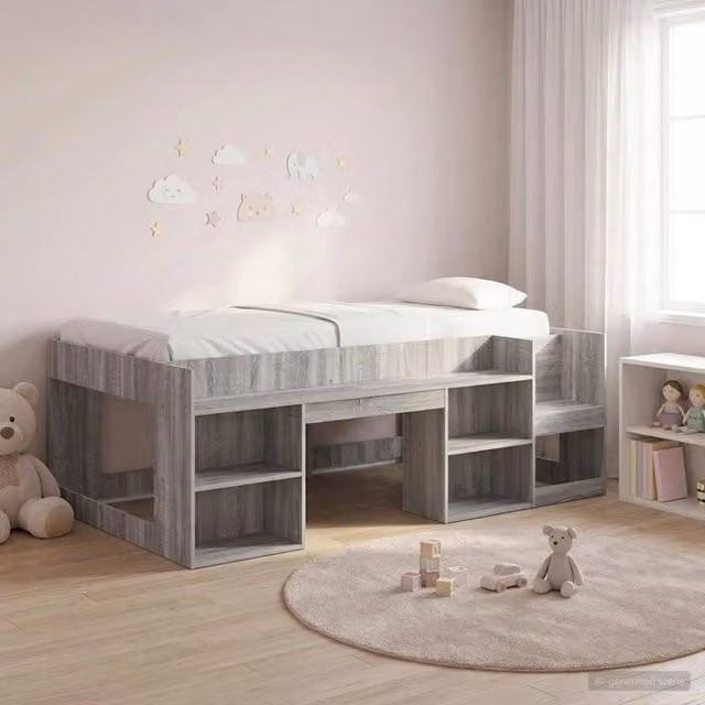 Letto singolo rialzato per bambini vidaXL con ripostiglio laterale in legno ingegnerizzato grigio L: 193 cm, P: 120 cm, H: 65 cm – 1