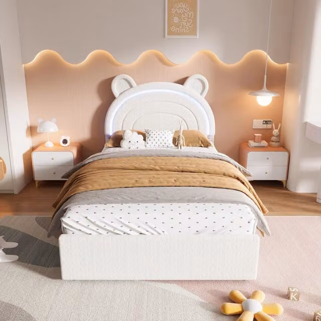 Letto imbottito beige 90x200 cm con testiera a forma di orso; 4 cassetti e LED tramite app per cameretta