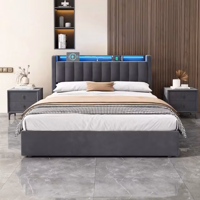 Letto imbottito 140x200 cm in velluto con contenitore, LED e porta USB