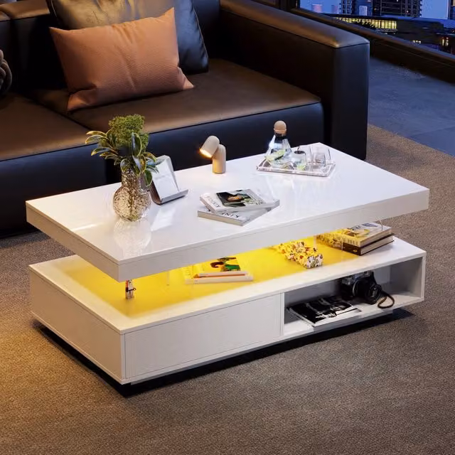 Tavolino da salotto Zephmum bianco lucido con 4 ripiani in vetro e cassetti L 95 cm x P 50 cm x H 42.5 cm