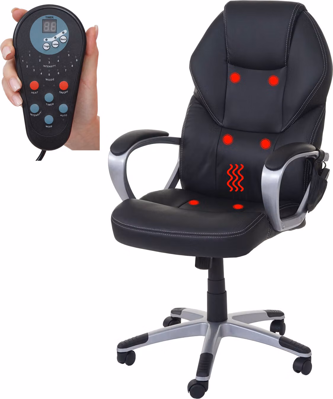 Sedia da ufficio con funzione massaggio HWC-A69, sedia girevole da ufficio, funzione riscaldamento e funzione massaggio, in Pelle finta ~ nera