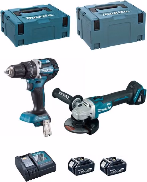 Kit utensili a batteria Makita DLX2210TJ1 con avvitatore DHP484, smerigliatrice DGA506 e 2 batterie da 5,0 Ah con caricabatterie DC18RC e contenitori MAKPAC – 1