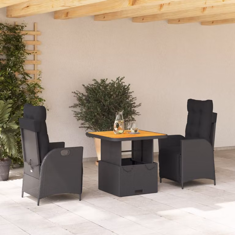 Set da pranzo da giardino vidaXL in legno di acacia oliato e polyrattan nero e marrone con cuscini