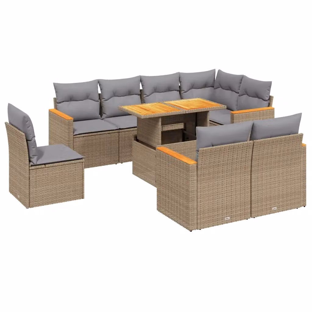 vidaXL Set Divano da Giardino a L 9 pz con Cuscini Beige e Tavolino, Polyrattan e Acciaio, Moderno – 2