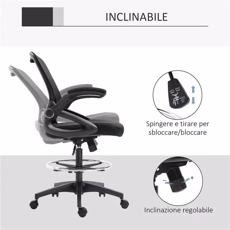 Sedia da ufficio Vinsetto nera con braccioli ribaltabili e seduta in tessuto, L: 64 cm, P: 60 cm, H: 106-126 cm – 2
