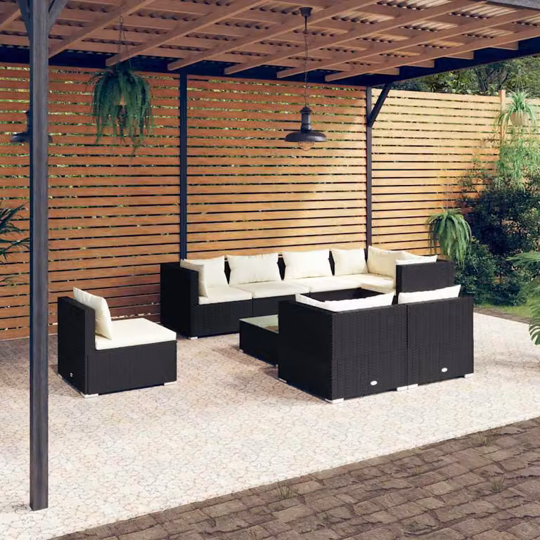 Set Divano da Giardino a L vidaXL 9 Pezzi con Tavolino e Cuscini Beige e Nero