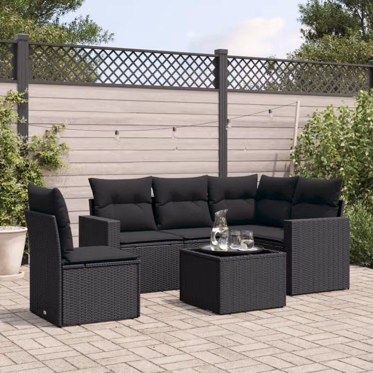 Set Divano da Giardino a L vidaXL 6 pz in Polyrattan Nero con Cuscini e Tavolino in Vetro